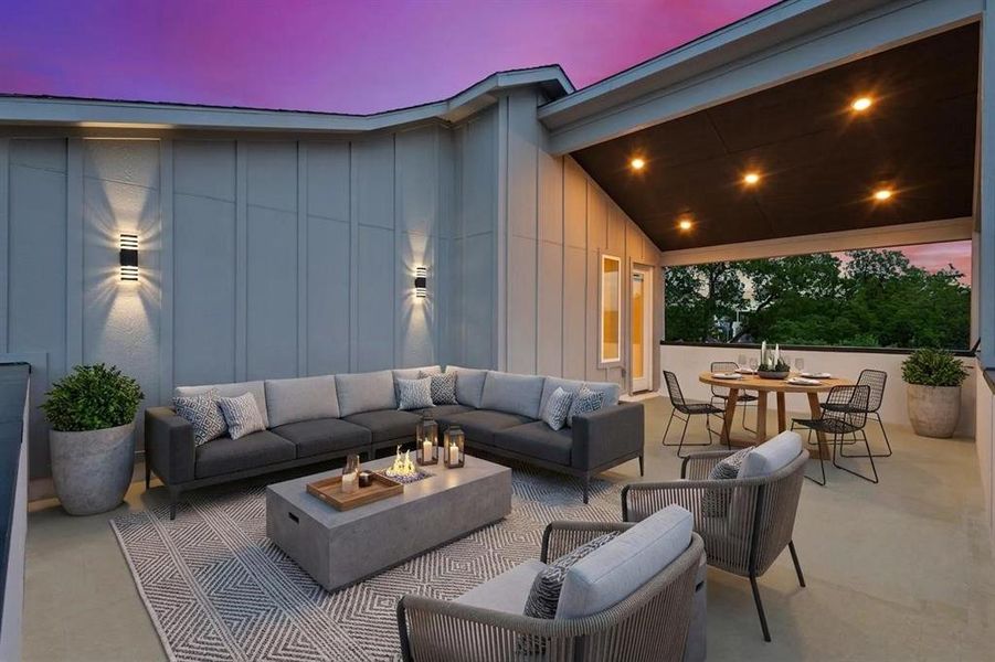 Outdoor patio featuring a covered area with recessed lighting, an open-air section, and wall-mounted light fixtures