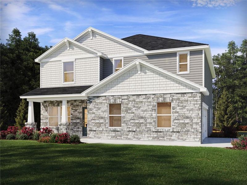Front exterior of a new home in River Pointe, Monroe, GA, highlighting curb appeal (Image 1). Front exterior of a new home in River Pointe, Monroe, GA, highlighting curb appeal (Image 1).