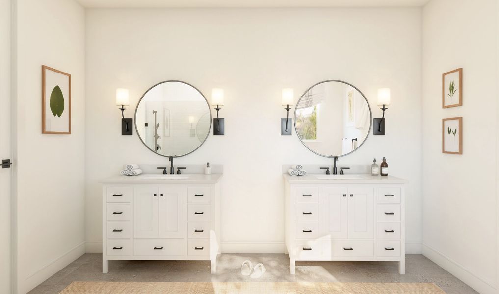 Primary bath with dual sinks and matte black fixtures throughout