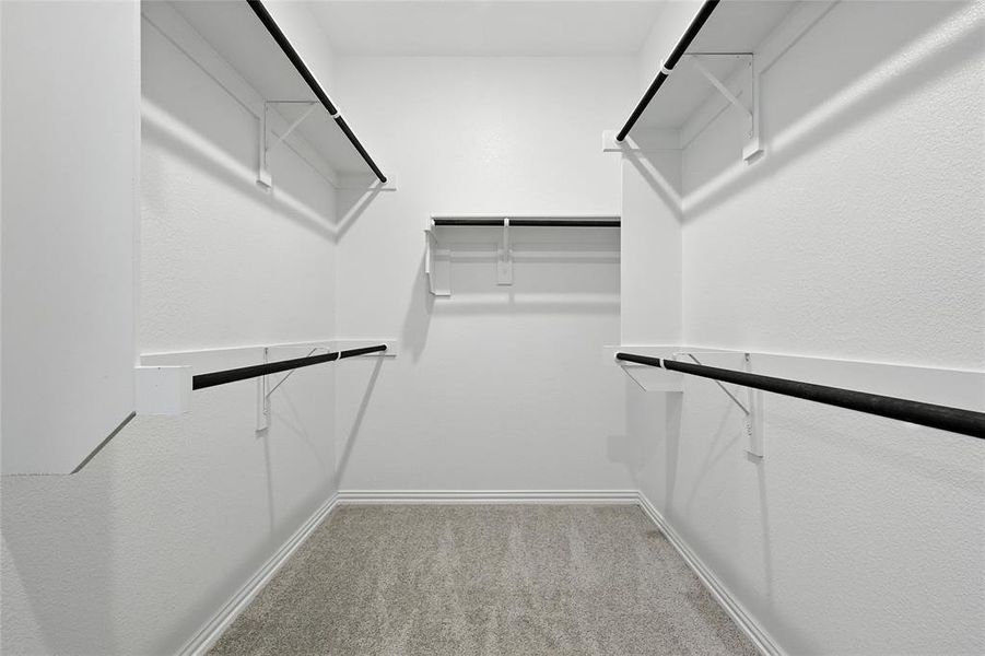Walk in closet with light colored carpet