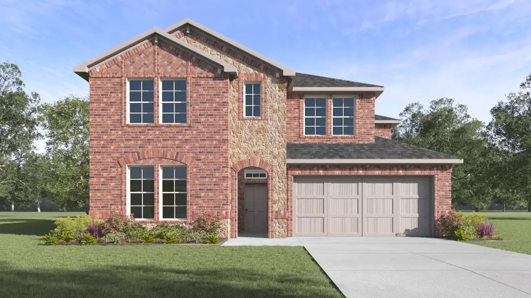 Front exterior of a new home in The Woods at Lindsey Place, Anna, TX, highlighting curb appeal (Image 1). Front exterior of a new home in The Woods at Lindsey Place, Anna, TX, highlighting curb appeal (Image 1).
