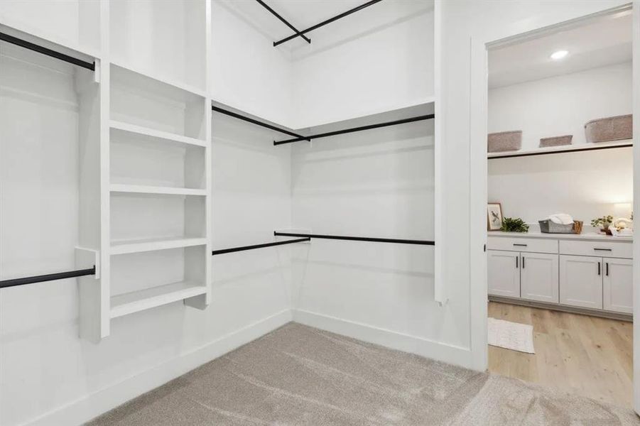 Walk in closet with light carpet