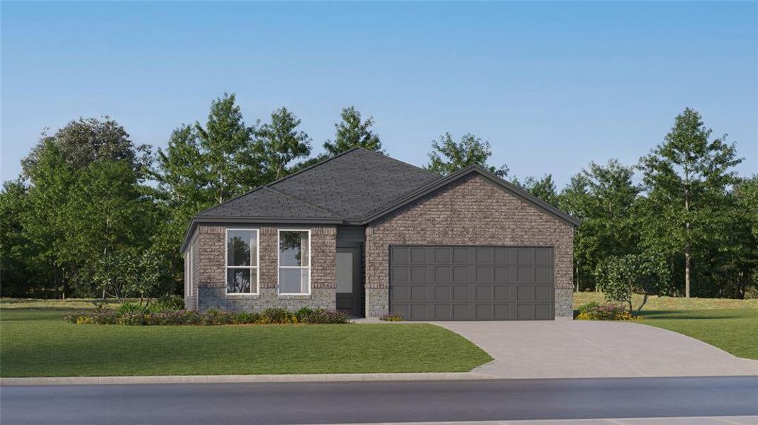 Single-story residence featuring a brick facade with stone accents, a dark shingle roof, and a two-car garage with a panelized door Single-story residence featuring a brick facade with stone accents, a dark shingle roof, and a two-car garage with a panelized door