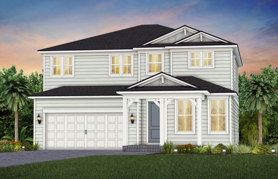 Front exterior of a new home in Westerly Park at Wildlight, Yulee, FL, highlighting curb appeal (Image 1). Front exterior of a new home in Westerly Park at Wildlight, Yulee, FL, highlighting curb appeal (Image 1).