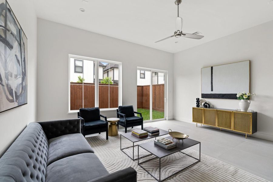 Pre-wired for sound and complemented by a sleek MinkaAire ceiling fan, perfect for both entertaining and everyday living. Pre-wired for sound and complemented by a sleek MinkaAire ceiling fan, perfect for both entertaining and everyday living.