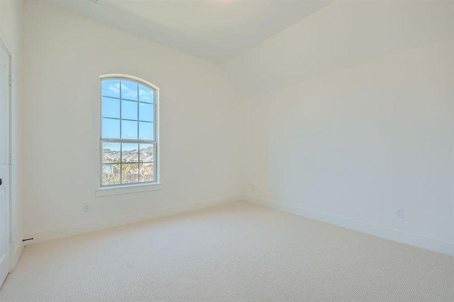 Carpeted empty room with lofted ceiling