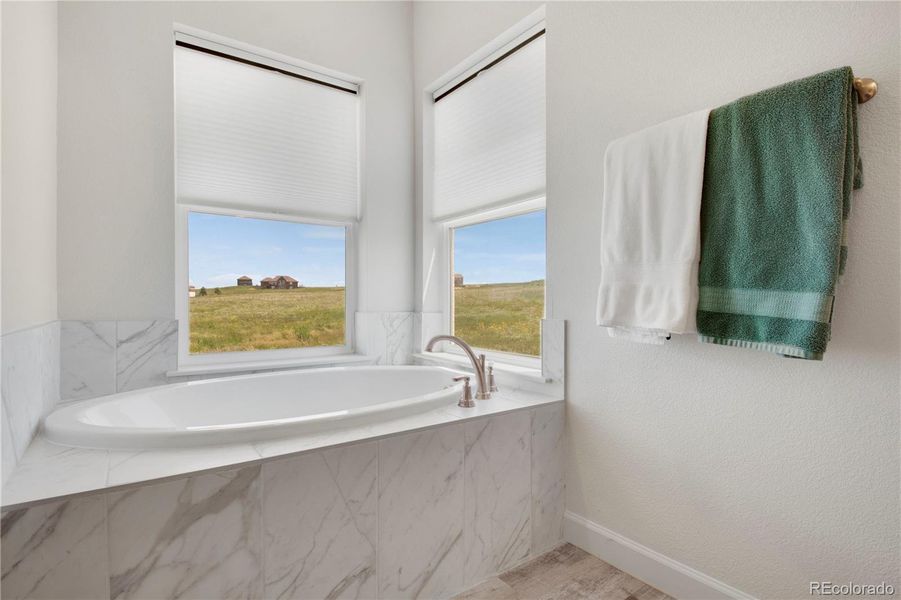 Ensuite bathroom with a shower stall, a ceiling fan, double vanity, and wood finished floors...