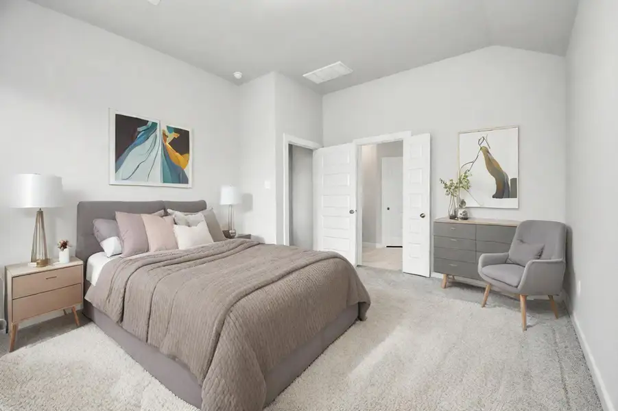 Come decompress in the stunning primary suite after a lengthy day! Experience the luxury of plush carpeting, warm paint hues, high ceilings, and large windows featuring privacy blinds. Virtual staged. Sample photo of completed home with similar floor plan. Actual colors and selections may vary.