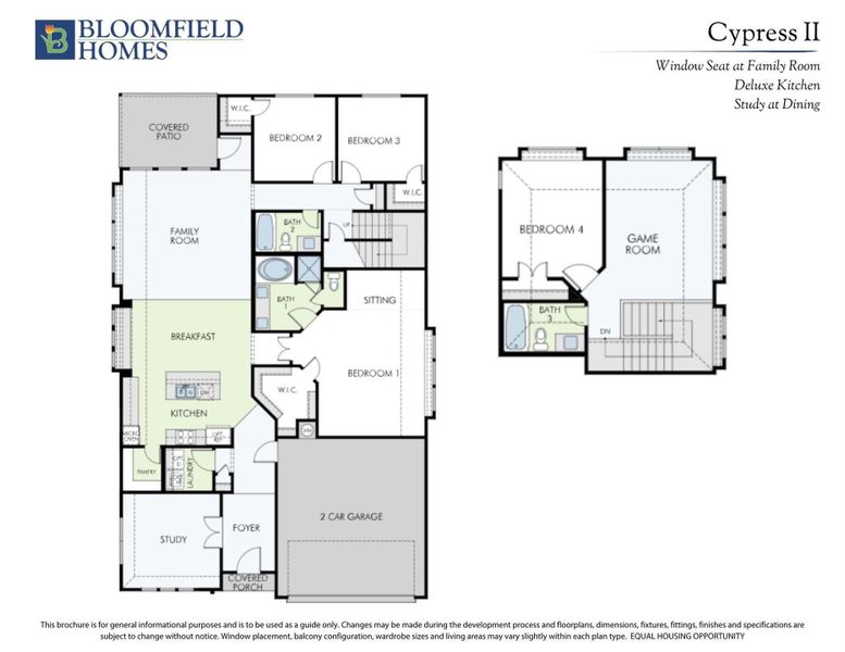 Bloomfield Homes Cypress II floor plan showing two floors with four bedrooms, game room, kitchen, and two-car garage.