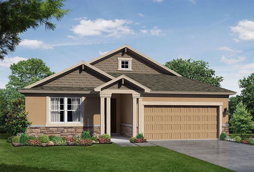 Front exterior of a new home in The Sanctuary – Resort Collection, Punta Gorda, FL, highlighting curb appeal (Image 1).