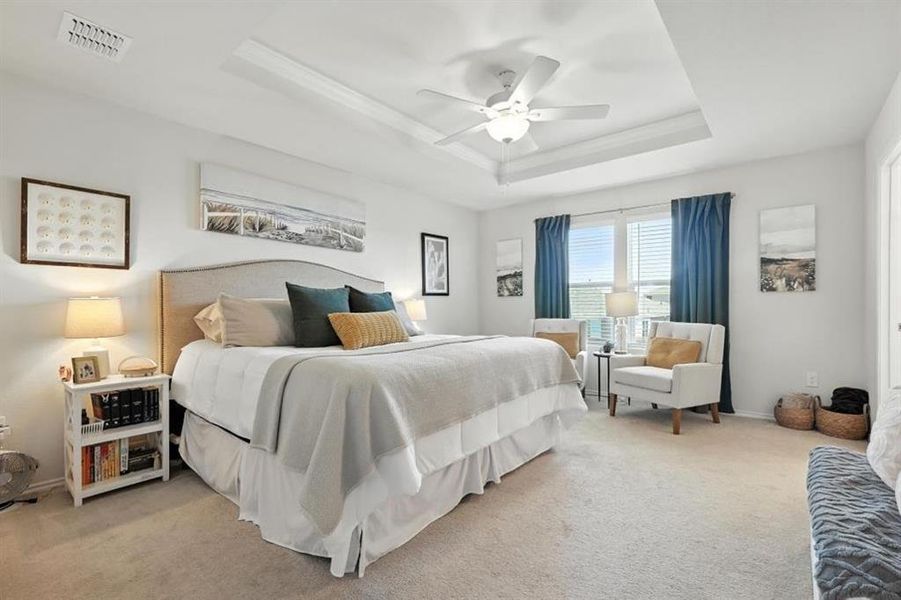 Light and serene primary retreat featuring tray ceilings, plush carpet, and a cozy sitting area by the window—your private escape at home.
