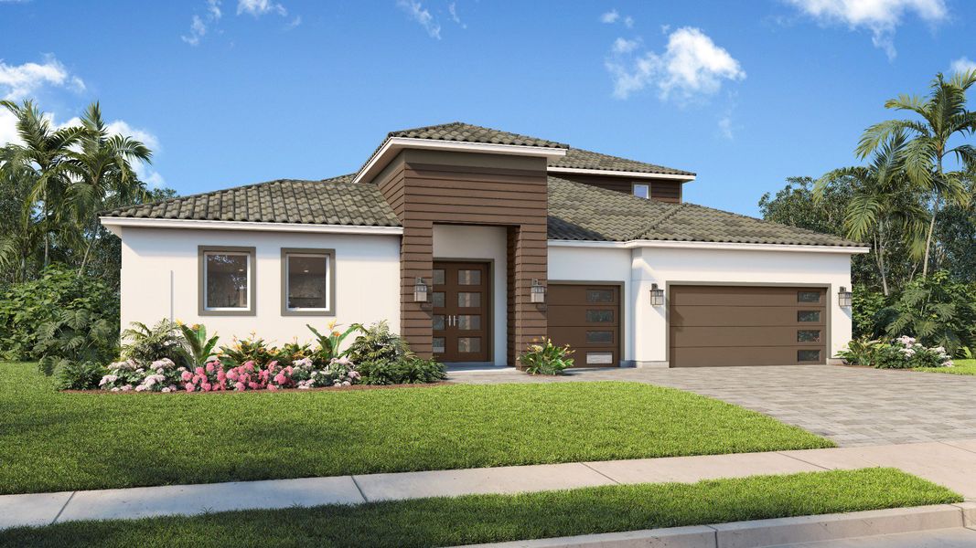 Representative exterior photo of a completed home built from the Courtyard by DRB Homes in River Preserve Estates, Parrish, FL (Image 20).