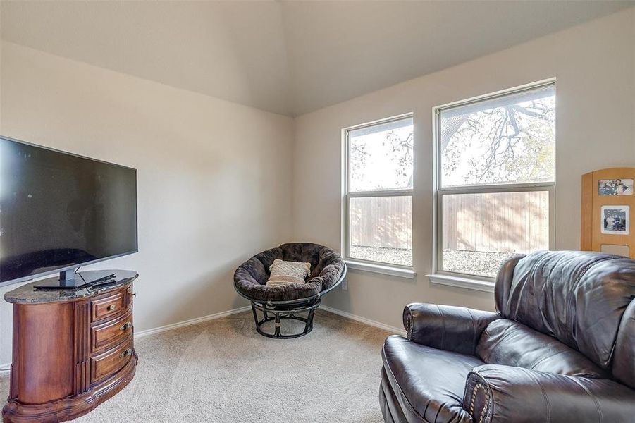 Living area with light colored carpet and vaulted ceiling