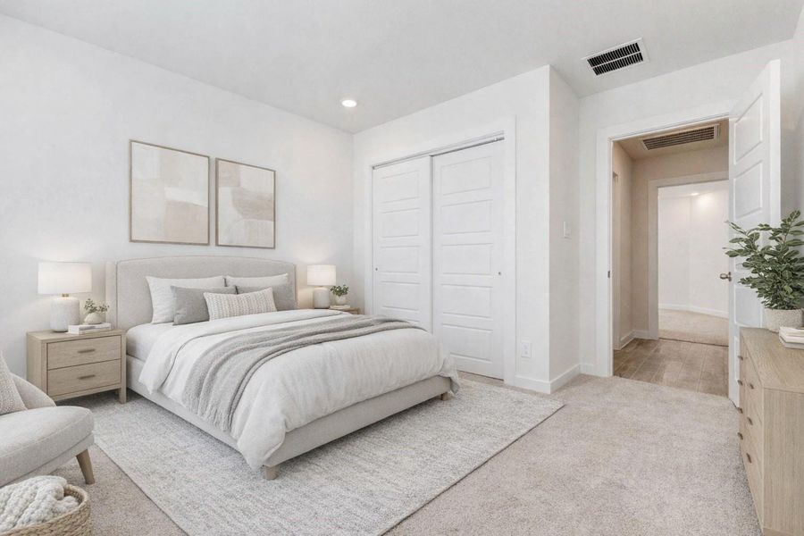 This cozy secondary bedroom features fresh neutral tones, plush carpeting, recessed lighting, and a spacious double-door closet. The layout offers quiet comfort, ideal for guests, kids, or a private workspace. Natural light and clean finishes enhance the room's welcoming feel. This photo has been virtually staged for visual reference. This cozy secondary bedroom features fresh neutral tones, plush carpeting, recessed lighting, and a spacious double-door closet. The layout offers quiet comfort, ideal for guests, kids, or a private workspace. Natural light and clean finishes enhance the room's welcoming feel. This photo has been virtually staged for visual reference.