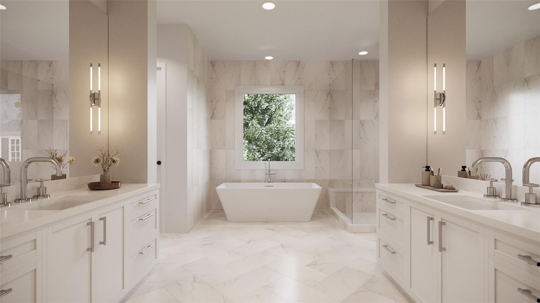 rimary Bath with Dual Counters, Inset Cabinetry, Frameless Mirrors, Pendent Lighting, Freestanding Soaking Tub with a Floor Mounted Tub Filler.  **This is an artists rendering and are subject to changes anytime during construction**