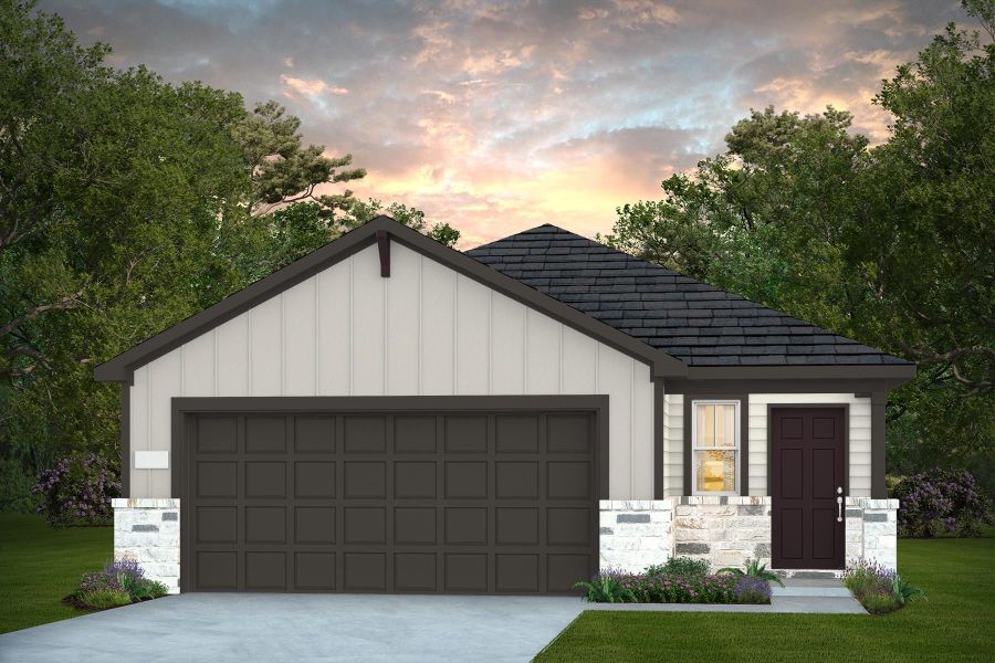 Front exterior of a new home in Larson Crossing, Elgin, TX, highlighting curb appeal (Image 1). Front exterior of a new home in Larson Crossing, Elgin, TX, highlighting curb appeal (Image 1).