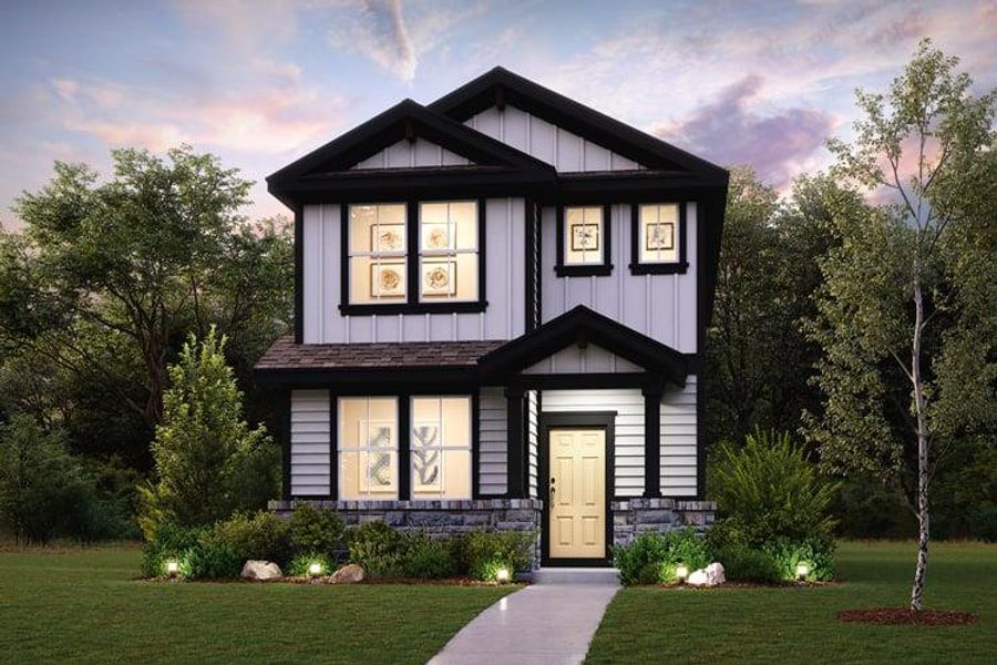 Front exterior of a new home in The Hollows at Avery Centre, Round Rock, TX, highlighting curb appeal (Image 1).