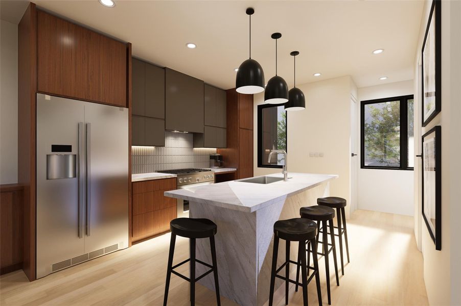 Kitchen with appliances with stainless steel finishes, light wood-style flooring, a breakfast bar area, a center island with sink, and modern cabinets