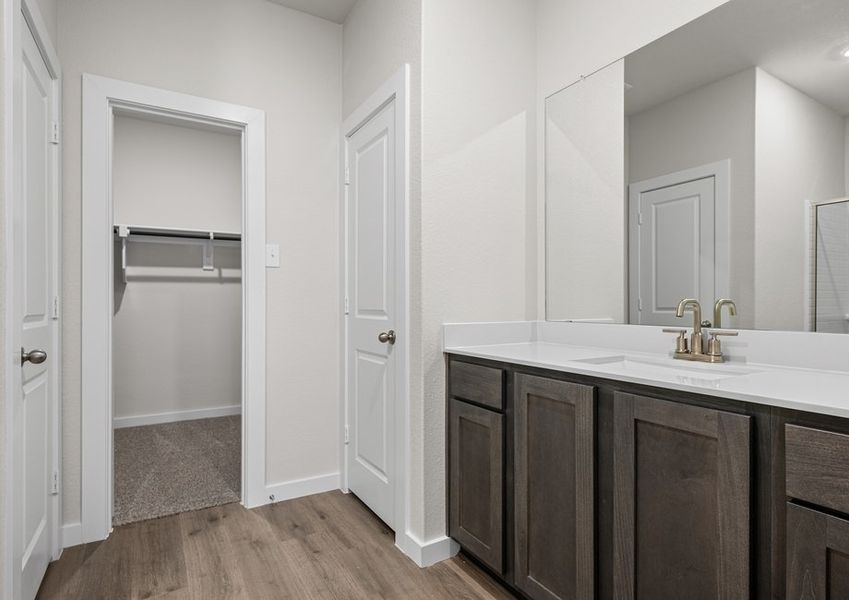 The master bathroom has a sprawling vanity.