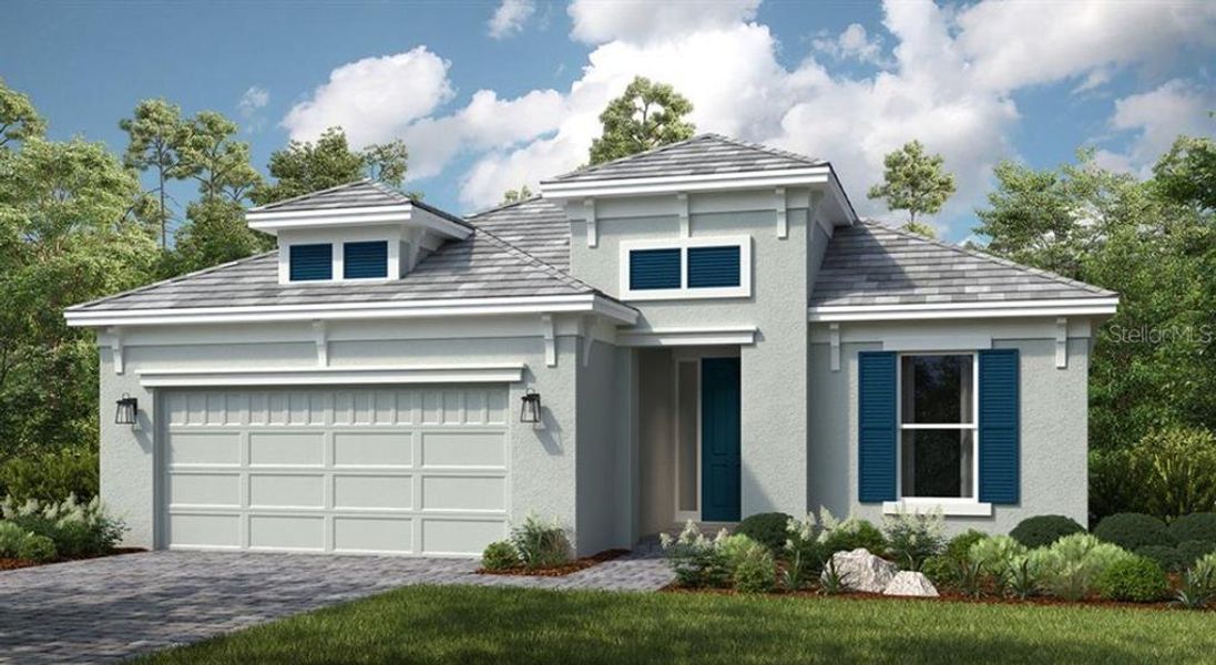 Front exterior of a new home in Esplanade at Wiregrass Ranch, Wesley Chapel, FL, highlighting curb appeal (Image 1).
