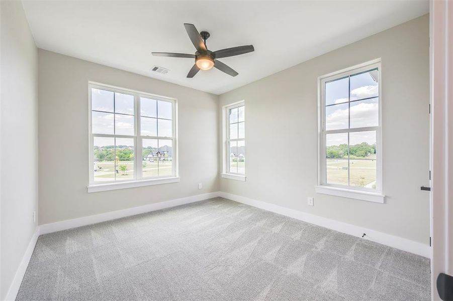 Spare room featuring light colored carpet, plenty of natural light, and a ceiling fan