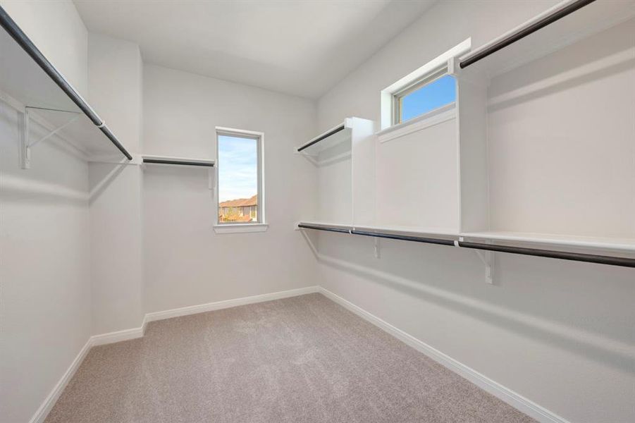 Walk in closet with light colored carpet