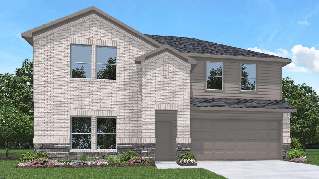 Front exterior of a new home in River Ranch Meadows, Dayton, TX, highlighting curb appeal (Image 1).