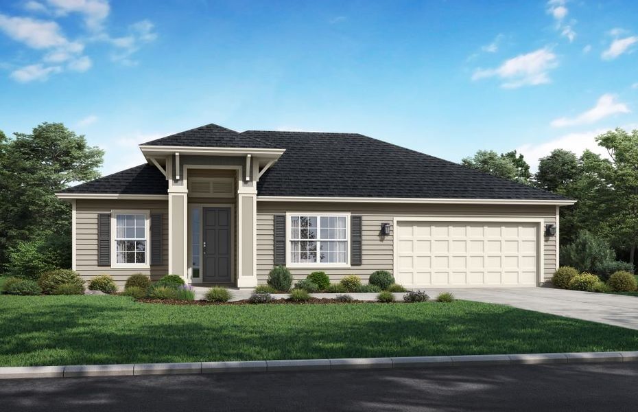 Representative exterior photo of a completed home built from the Evergreen by SEDA New Homes in Weston Woods, Jacksonville, FL (Image 4). Representative exterior photo of a completed home built from the Evergreen by SEDA New Homes in Weston Woods, Jacksonville, FL (Image 4).