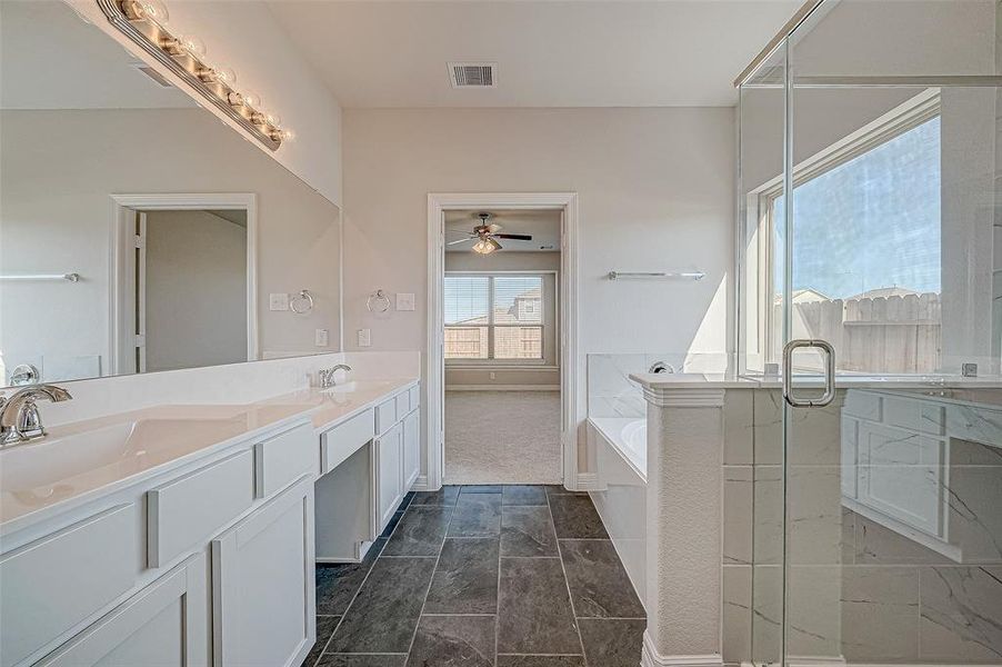 The primary bath is filled with natural light.