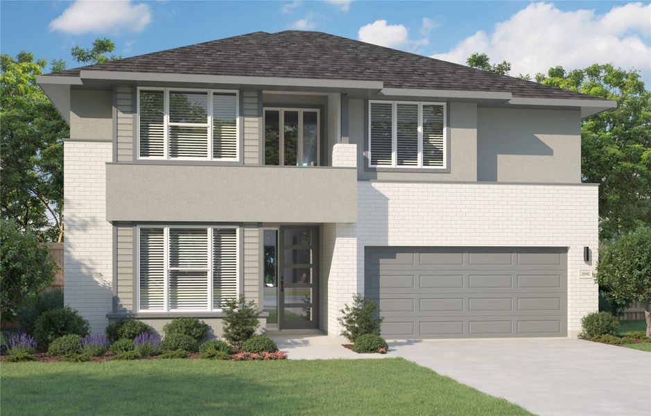 View of front of property featuring concrete driveway, brick siding, a shingled roof, and a balcony