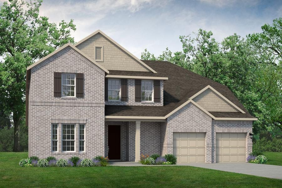 Front exterior of a new home in Lake Breeze, Lavon, TX, highlighting curb appeal (Image 1). Front exterior of a new home in Lake Breeze, Lavon, TX, highlighting curb appeal (Image 1).