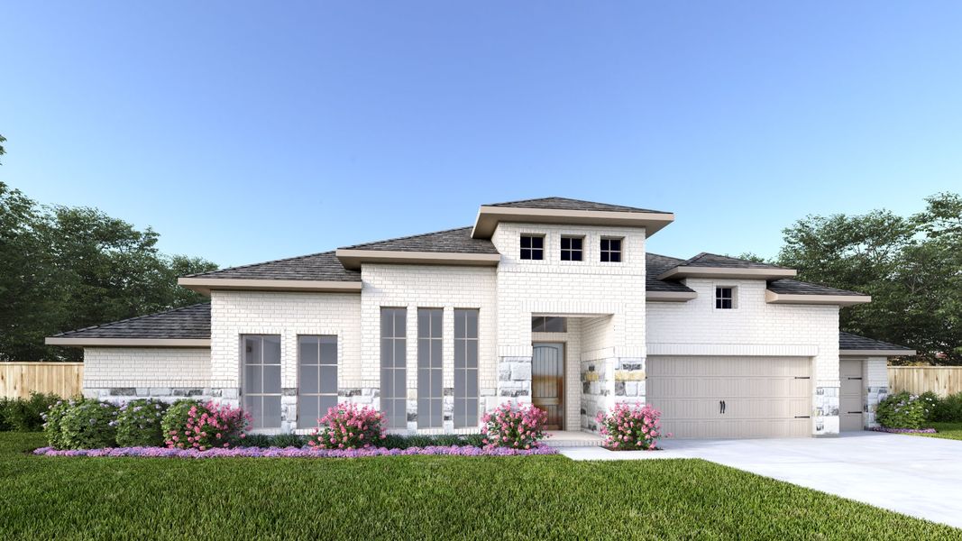 Representative exterior photo of a completed home built from the 3478W by Perry Homes in Lakes of Cane Island, Katy, TX (Image 2).