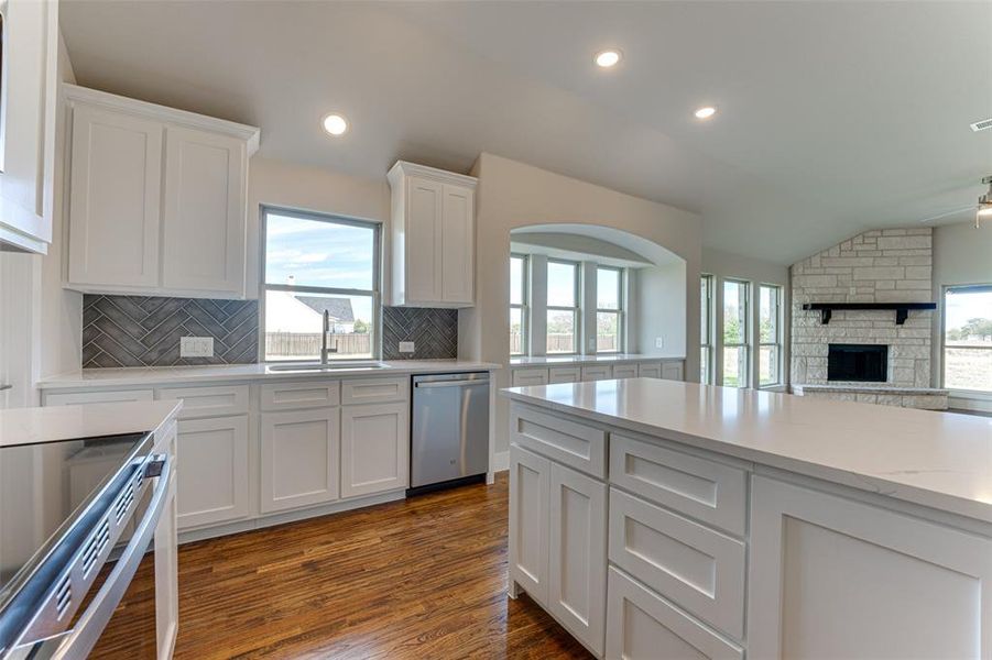 Kitchen featuring a wealth of natural light, dark hardwood / wood-style flooring, lofted ceiling, and appliances with stainless steel finishes