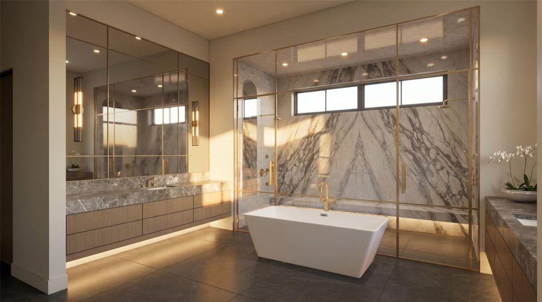 Spacious bathroom featuring a freestanding tub, gold-framed glass shower enclosure, large format stone-look tile walls, a dual vanity with stone countertop, and integrated mirror lighting Spacious bathroom featuring a freestanding tub, gold-framed glass shower enclosure, large format stone-look tile walls, a dual vanity with stone countertop, and integrated mirror lighting