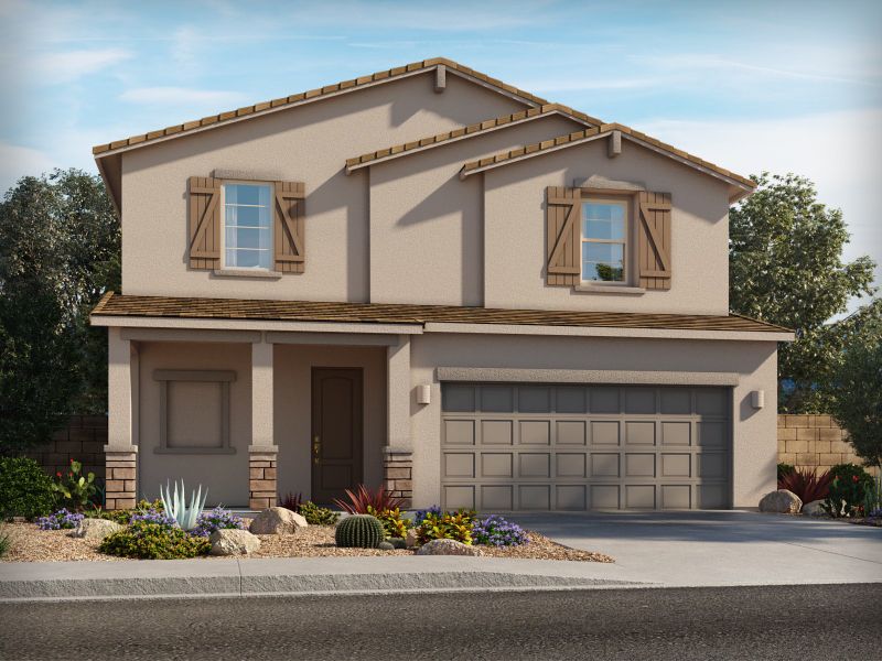 Representative exterior photo of a completed home built from the Utopia by Meritage Homes in La Estancia - Arcadia, Tucson, AZ (Image 4). Representative exterior photo of a completed home built from the Utopia by Meritage Homes in La Estancia - Arcadia, Tucson, AZ (Image 4).