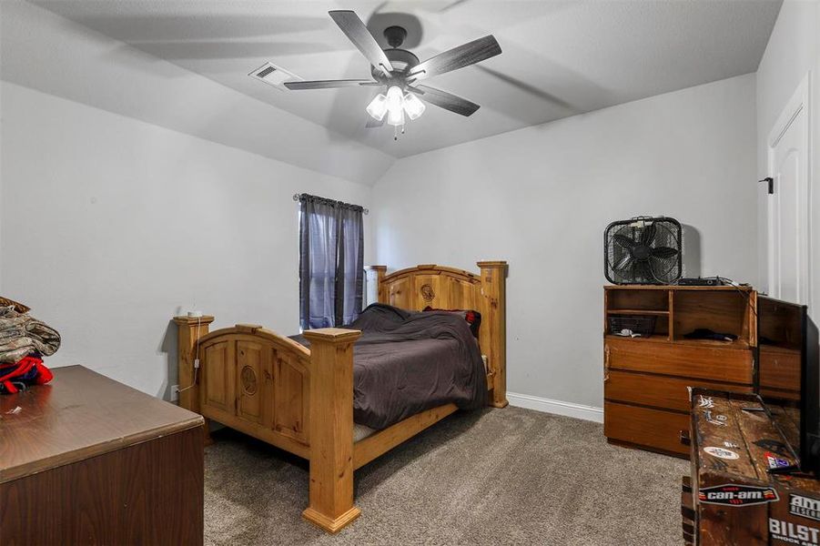 Carpeted bedroom with vaulted ceiling and ceiling fan