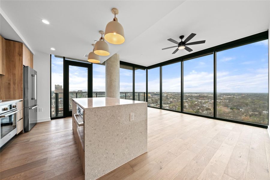 Abundant natural light fills this corner unit at Vesper.