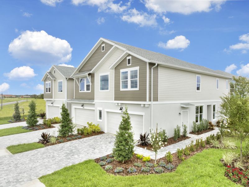 Representative exterior photo of a completed home built from the The Bingley II by David Weekley Homes in North River Ranch – Townhomes, Parrish, FL (Image 2). Representative exterior photo of a completed home built from the The Bingley II by David Weekley Homes in North River Ranch – Townhomes, Parrish, FL (Image 2).