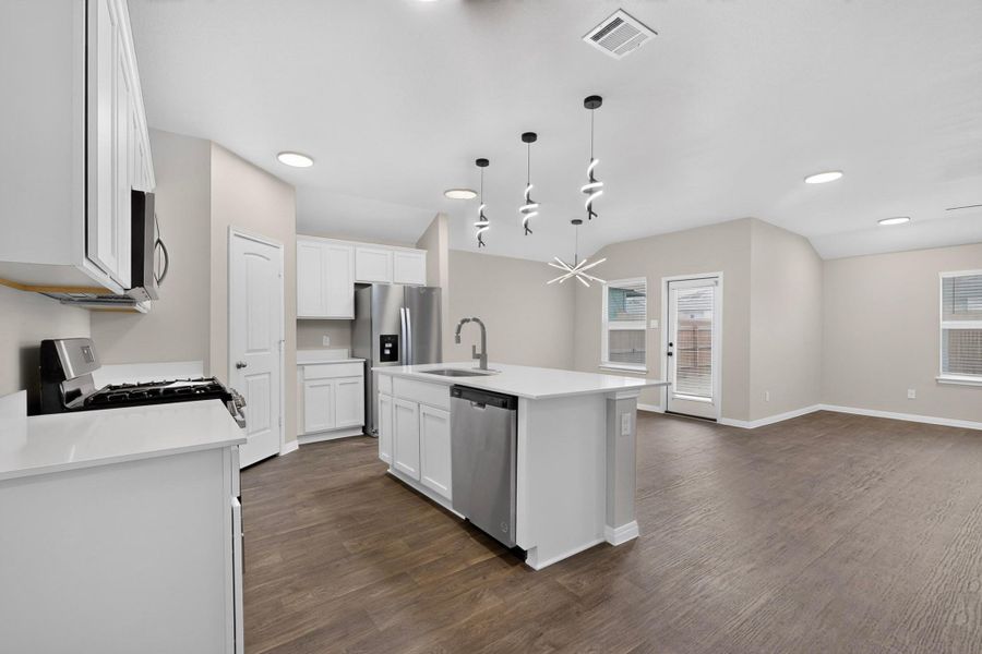 An open-concept layout connects the modern kitchen with the adjoining living area.