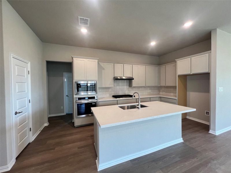 Kitchen with backsplash, stainless steel appliances, dark wood finished floors, a center island with sink, and recessed lighting