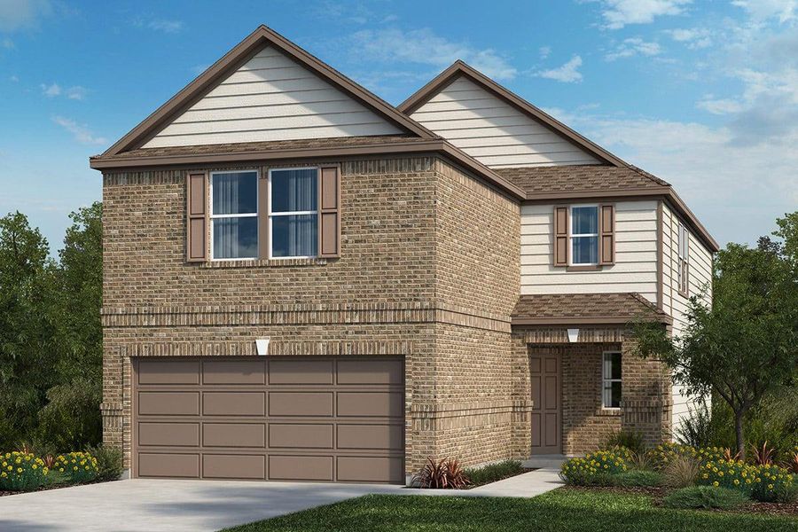 Front exterior of a new home in Creekside at Estancia, Austin, TX, highlighting curb appeal (Image 1).