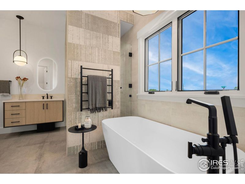 Free Standing Tub, Towel Warmer, Trap Door from Shower to grab a fresh warm towel without opening main glass door.