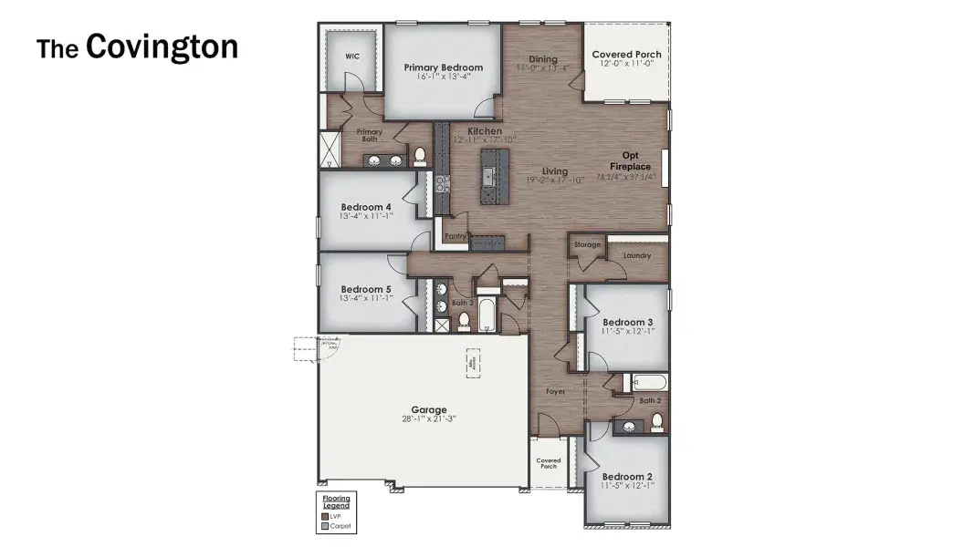 2D floor plan layout for the Covington by D.R. Horton in The Highlands at Cedar Hill Landing, Navassa, NC (Image 5).