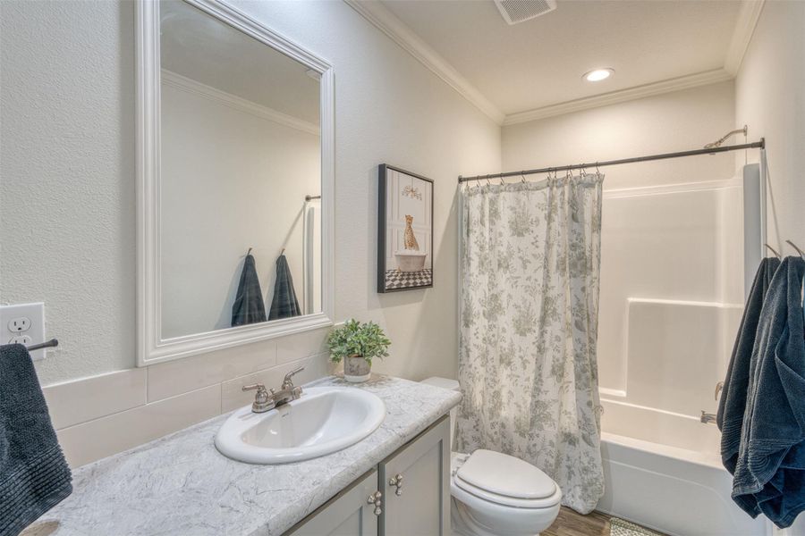 A well-appointed bathroom offers a vanity with a sleek sink and a classic shower-tub combination. A well-appointed bathroom offers a vanity with a sleek sink and a classic shower-tub combination.