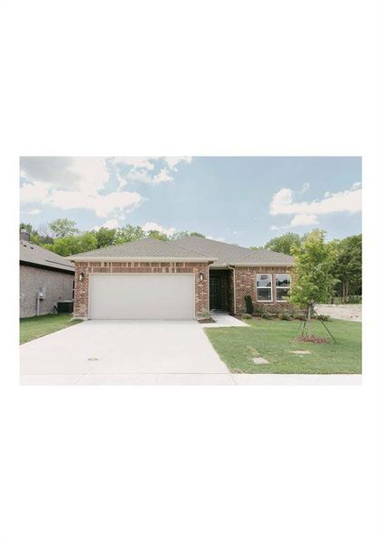 View of front of home with a front yard, central AC, and a garage