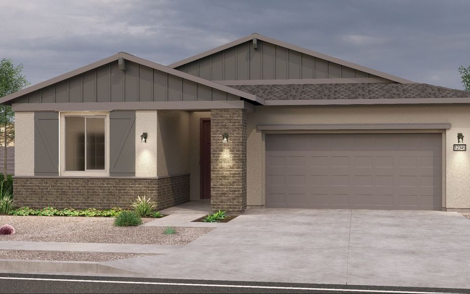 Representative exterior photo of a completed home built from the Laredo by Brookfield Residential in Blossom Rock, Apache Junction, AZ (Image 1). Representative exterior photo of a completed home built from the Laredo by Brookfield Residential in Blossom Rock, Apache Junction, AZ (Image 1).