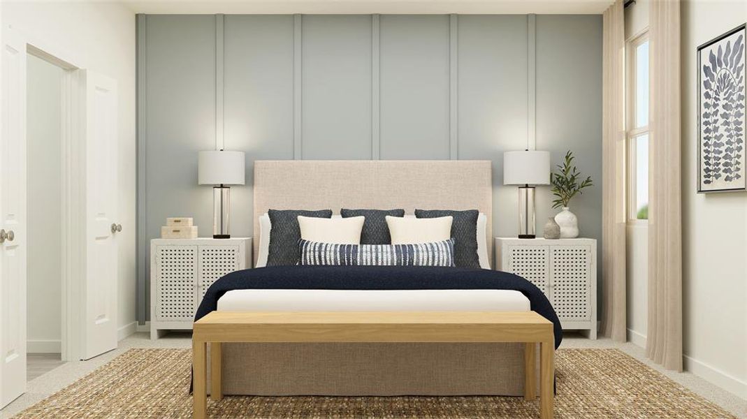 Bedroom with a decorative wall, carpet floors, and radiator heating unit Bedroom with a decorative wall, carpet floors, and radiator heating unit