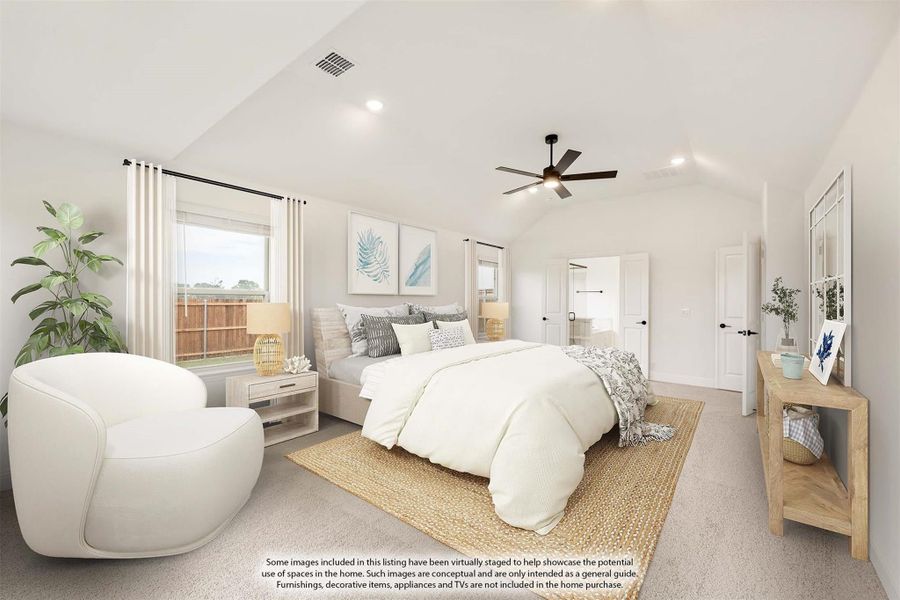 Master bedroom with vaulted ceiling, ceiling fan, carpet flooring, and ensuite bathroom access