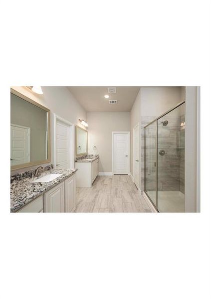 Bathroom featuring a shower with door and vanity