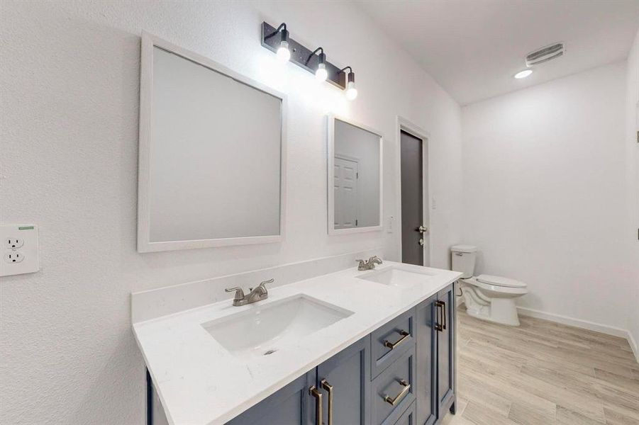 Primary bathroom featuring toilet, hardwood / wood-style flooring, and vanity